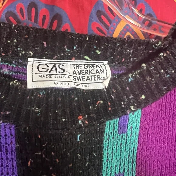 Vintage GAS Sweater 1989 Retro Wool Black Purple Medium PTP 22in‎ Length 25in - Picture 3 of 3